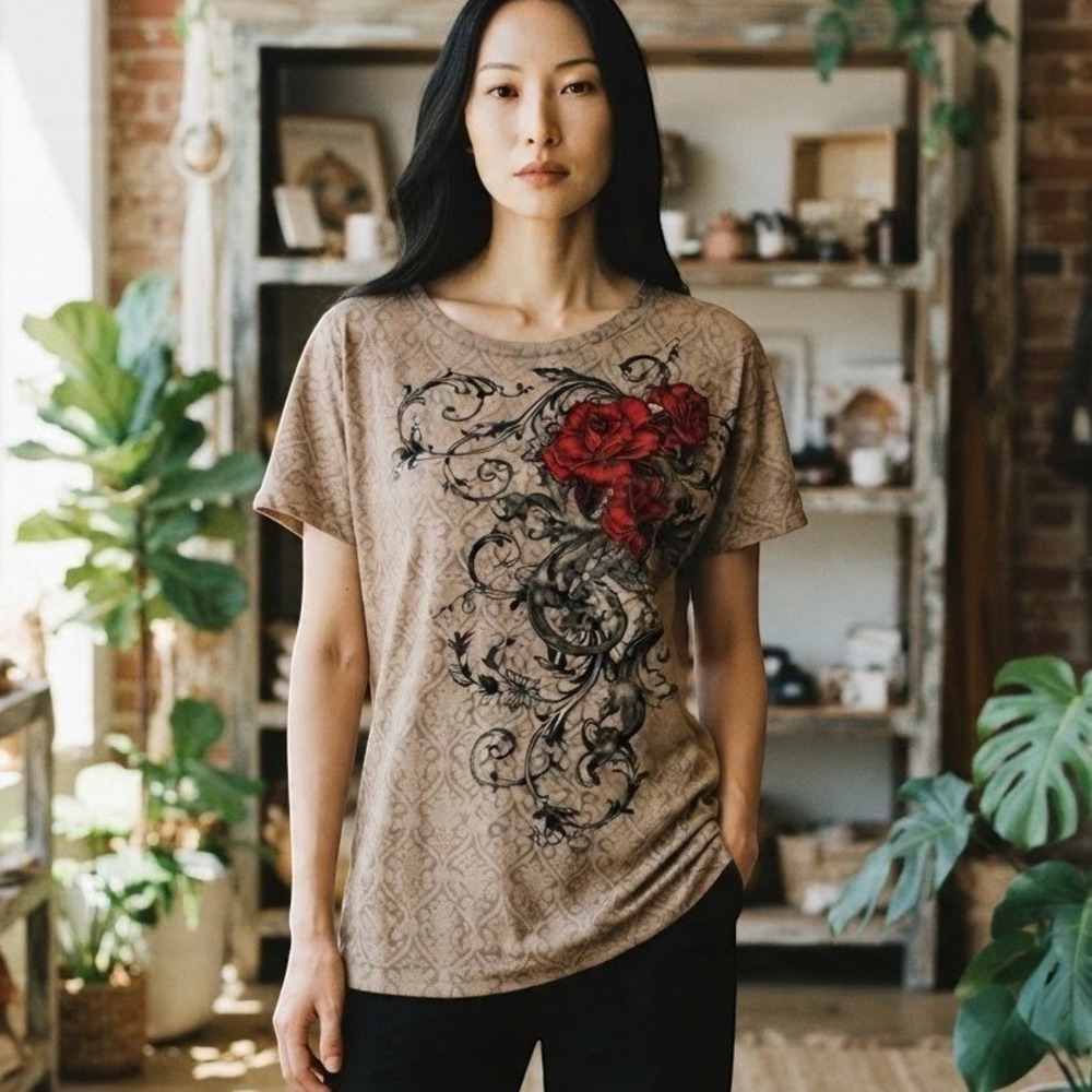 Stranded Graphic Tee Tan Red Rose Rhinestone Filigree Women XXL Excellent